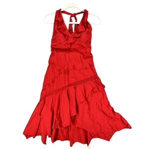 Gioccam Womans S Red Halter Dress Backless Embroidered Eyelet Asymmetrical